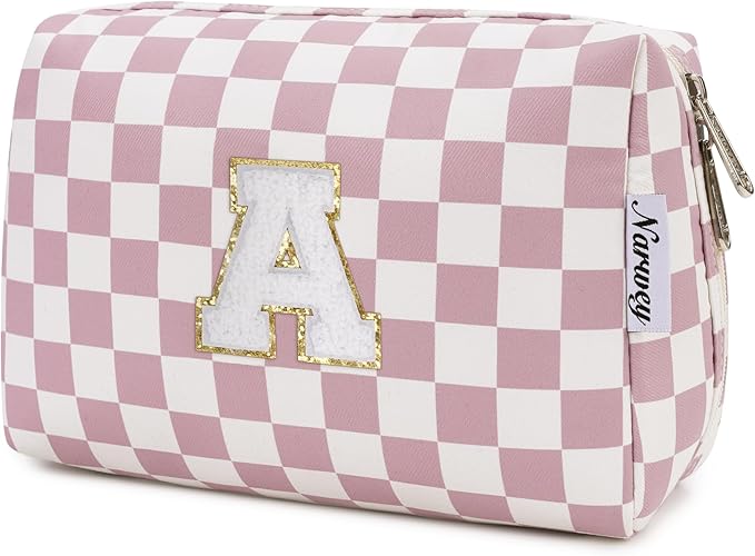 Narwey Christmas Gifts Personalized Initial Makeup Bag, Stocking Stuffers for Teen Girls Kids Trendy Stuff 10 11 12 13 14 16 18 Years Old, Gift for Women, Travel Toiletry Preppy Cosmetic Bag (Pink A)