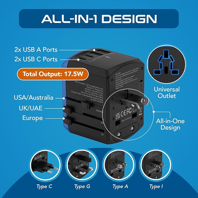 Ceptics Universal Travel Adapter, 5 in 1 Universal Laptop Charger with 2X USB-A & USB-C 3.5A for Mobiles, Laptops, Cameras US, UK, EU, AU, All in 1 Type A, C, G, I Output,