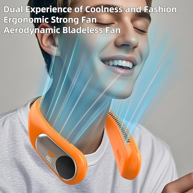 Portable Neck Fan,Personal Wearable Bladeless Fan,LED Display,4-Speeds,6000mAh USB Rechargeable,360° Strong Cooling Wind,Hands Free,White Elephant Gift,Christmas Gifts for Men Women Dad Mom (Orange)