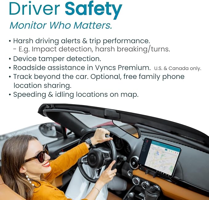 Vyncs - GPS Tracker for Vehicles, [No Monthly Fee], 4G LTE, Vehicle Location, Trip History, Driving Alerts, GeoFence, Fuel Economy, OBD Fault Codes, USA-Developed, Family or Fleets