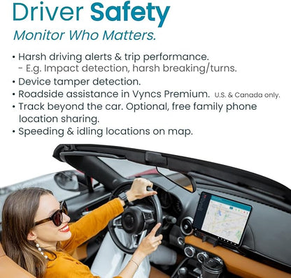 Vyncs - GPS Tracker for Vehicles, [No Monthly Fee], 4G LTE, Vehicle Location, Trip History, Driving Alerts, GeoFence, Fuel Economy, OBD Fault Codes, USA-Developed, Family or Fleets