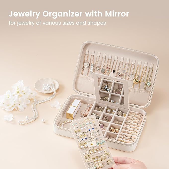 Lolalet Travel Jewelry Case for Women Girls, Travel Jewelry Organizer Box with Mirror & Clear Storage Bag, Small Portable Earring Necklace Bracelet Ring Case, Birthday Christmas Gifts -Large, White