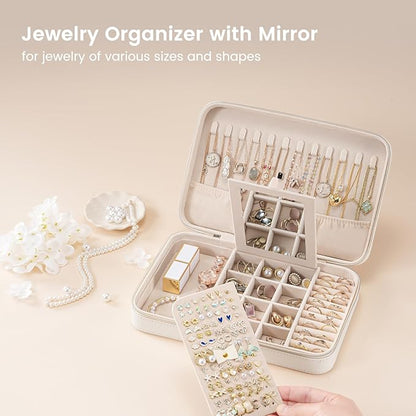 Lolalet Travel Jewelry Case for Women Girls, Travel Jewelry Organizer Box with Mirror & Clear Storage Bag, Small Portable Earring Necklace Bracelet Ring Case, Birthday Christmas Gifts -Large, White