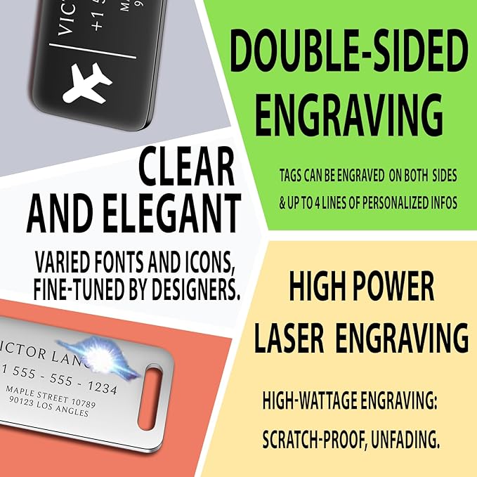 Personalized Luggage Tags for Suitcases - Stainless Steel Custom Luggage Tags for Backpacks & Bags, Sturdy, Waterproof & Heavy Duty (Silver / 3" x 1.25")