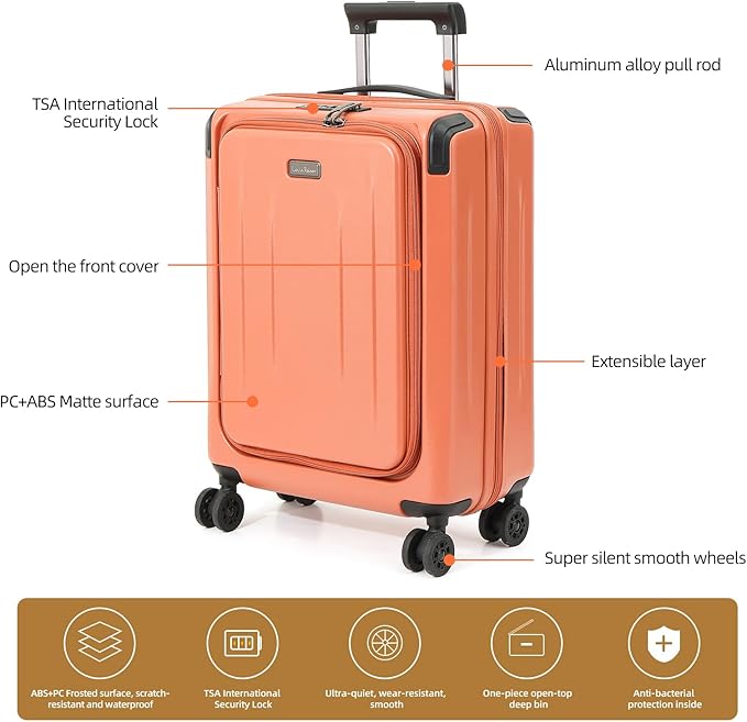 Carry On Luggage, 20 Inch Top Opening Aluminum Frame Lightweight Airline Approved ABS+PC Hard Shell Suitcases with Silent Wheels, TSA Lock, Front Pocket & Wet-dry Separated Six-piece Set (AD Orange)