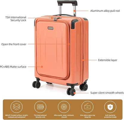 Carry On Luggage, 20 Inch Top Opening Aluminum Frame Lightweight Airline Approved ABS+PC Hard Shell Suitcases with Silent Wheels, TSA Lock, Front Pocket & Wet-dry Separated Six-piece Set (AD Orange)