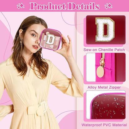 Personalized Initial Letter Clear Preppy Makeup Bag,Mini Nylon Chenille Letter Cosmetic Bag Cute Zipper Pouch Coin Purse for Teen Girls,Portable TSA Approved Travel Essentials Bag Gift for Women,D