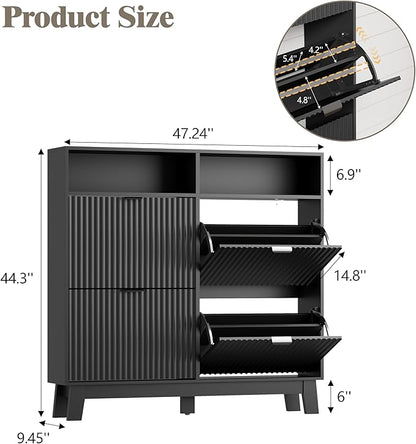 Shoe Cabinet Storage for Entryway with 4 Flip Drawers, Fluted Narrow Shoe Organizer with Wooden Legs & Top Cubby, Freestanding Slim Shoe Storage Hidden Shoe Rack for Front Door Entrance, Black