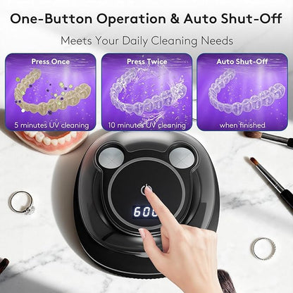 Ultrasonic Retainer Cleaner Machine, 48kHz Dental Cleaning Pod for Night Guards, Mouth Guards, Aligner, Braces, Toothbrush, Jewelry, Ultrasonic Dentures Cleaner with Digital Timer, 220ML, Black