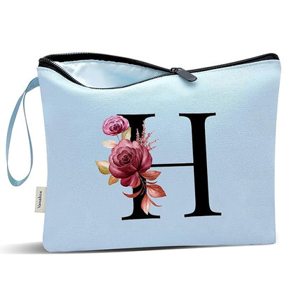 Vavabox A-Z Personalized Makeup Bag, Birthday Gifts for Women Mom, Gifts for Best Friend, Bride Bridesmaid Cosmetic bag (H, Blue)
