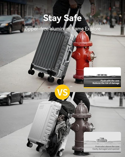 Checked Luggage with Spinner Wheels, 8010S Aluminum Frame Zipperless Polycarbonate Hard Shell Suitcase (ZX-Core, Silver, 24 Inch)