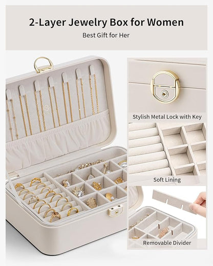 Vlando Jewelry Box Organizer for Women Girls, 2 Layer Jewelry Case with Lock,Jewelry Storage Earrings Necklace,Rings,Gift for Teachers Wedding Birthday Gifts-Cream White