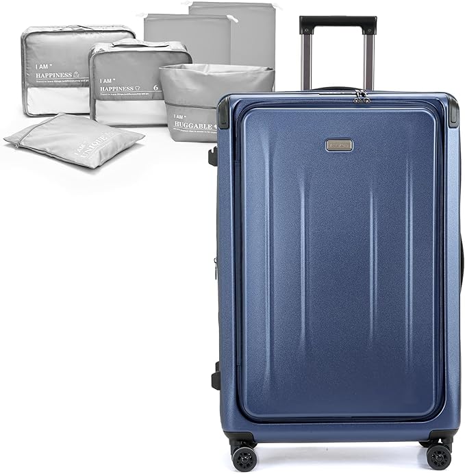 29 Inch Luggage, Top Opening Airline Approved ABS+PC Hard Shell Suitcases with Silent Wheels, TSA Lock,Front Pocket and Wet-dry Separated Six-piece Set (Dark Blue, 29-Inch)