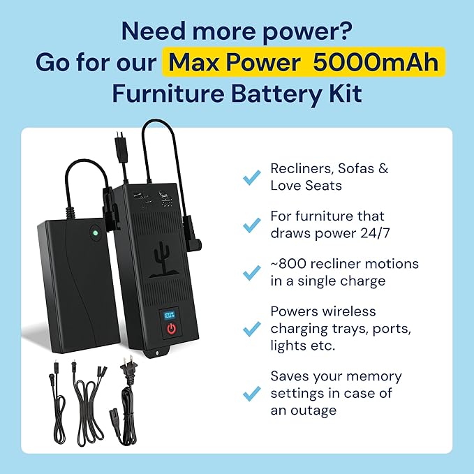 The Blue Cactus Company Battery Pack for Reclining Furniture - 2500mAh, 2-Pin Connector - LCD Display for Recliner Chair - Portable Power Supply - Cord-Free Floors