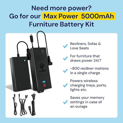 The Blue Cactus Company Battery Pack for Reclining Furniture - 2500mAh, 2-Pin Connector - LCD Display for Recliner Chair - Portable Power Supply - Cord-Free Floors