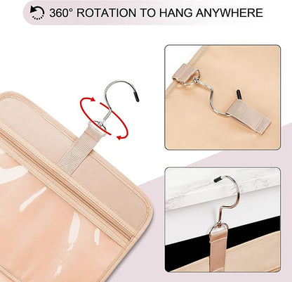 Travel Hanging Toiletry Bag for Women and Men, with 8 Leak Proofing Silicone Bottle Covers, Waterproof Makeup Accessories, Cosmetic Essentials, Cruise Ship Toiletries Bag with Jewelry Organizer, Pink