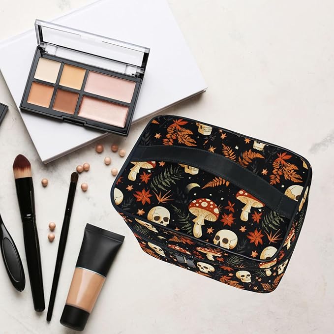 MNSRUU Makeup Bags, Mushrooms Skull Makeup Organizer Bags Toiletry Bag Box Travel Cosmetic Bag Make Up Train Case for Women Teen Girl Ladies