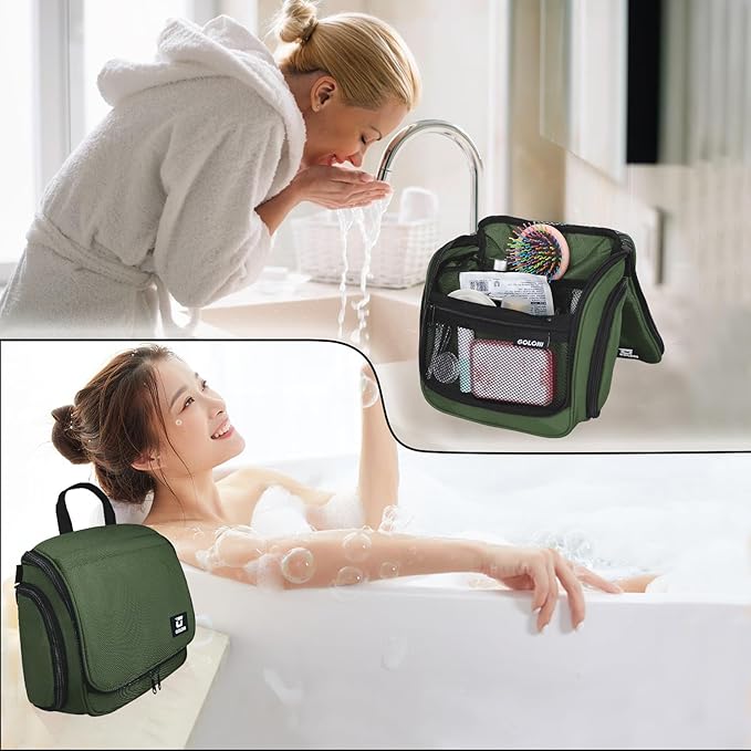 Goloni Hanging Toiletry Bag with Hook, Large Makeup Bag Travel Organizer, Water-Resistant Hanging Cosmetic Bag with 10 Compartments for Women & Men,Green