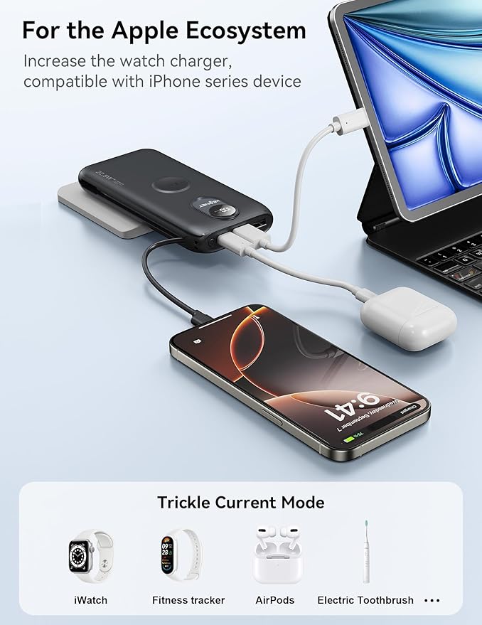 Portable Charger, 10000mAh 22.5W Fast Charging Power Bank with Built in Cable & Wall Plug, Travel Essential Battery Pack with LED Display, External Charger for iPhone 17/16, iWatch 11/10/9/8/Ultra/SE