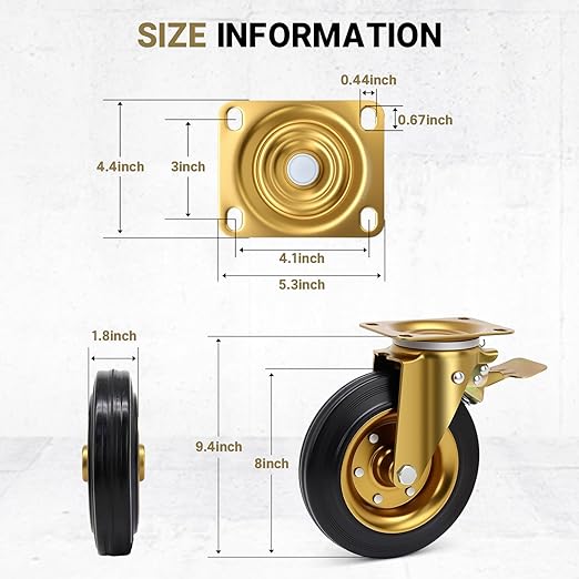 Nefish 8 Inch Outdoor Heavy Duty Caster, Large Castors Wheels Set of 4 with Brake, Durable Industrial Grade Casters 3200 LBS, 360 Degree Plate Swivel Castor Wheels for Cart, Workbench, Machine