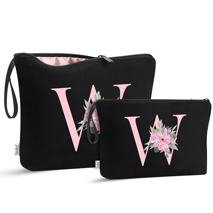 Vavabox A-Z Personalized Makeup Bag, Birthday Gifts for Women Mom, Gifts for Best Friend, Bride Bridesmaid Cosmetic bag (W, 04-Black Set)