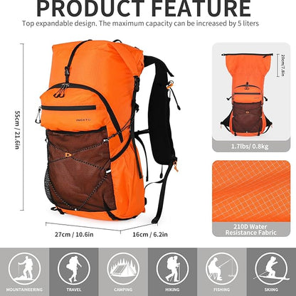 IX INOXTO Hiking Backpack for Men and Women, 30L Waterproof Camping Backpack with 3L Water Bladder and Rain Cover, Lightweight Outdoor Sport Travel Daypack Rucksack for Climbing Cycling (Orange)