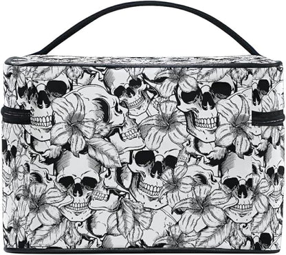 Goth Skull Makeup Bag, Gothic Skull Flowers Makeup Organizer Bags Toiletry Bag Box Travel Cosmetic Bag Make Up Train Case for Women Teen Girl Ladies