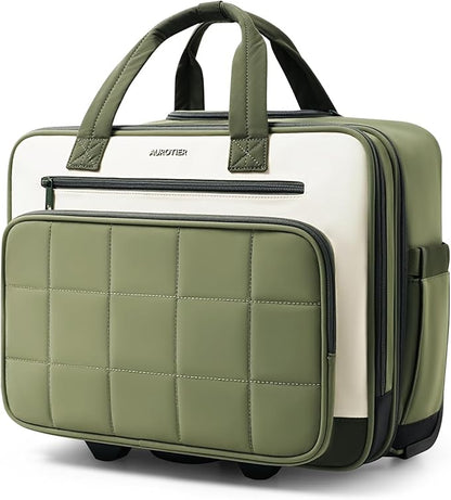 Rolling Puffer Laptop Bag, Rolling Briefcase for Women, Wheeled 16 Inch Computer Bag, Water Resistant Stylish Overnight Underseat Carry On Luggage with Wheels for Work Travel Business, Green