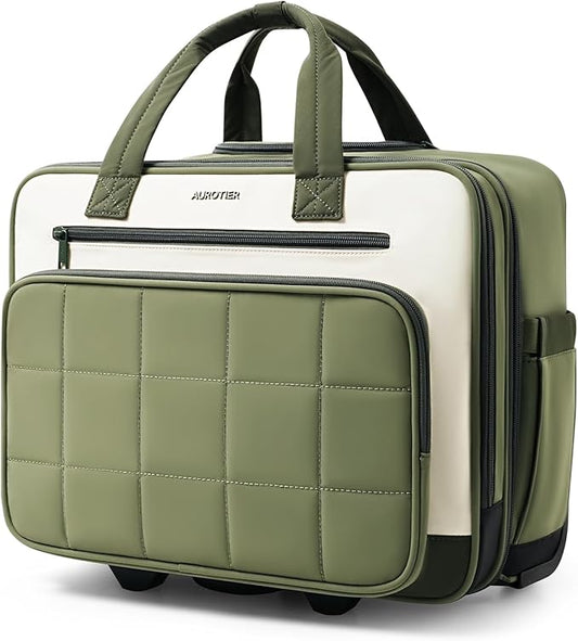 Rolling Puffer Laptop Bag, Rolling Briefcase for Women, Wheeled 16 Inch Computer Bag, Water Resistant Stylish Overnight Underseat Carry On Luggage with Wheels for Work Travel Business, Green