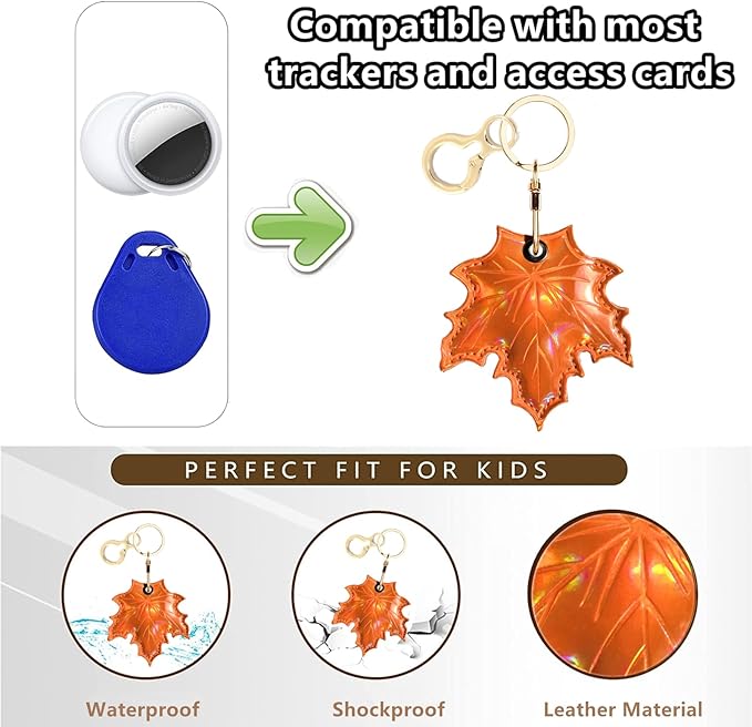 Shiny Leather Charm Keychain Holder Case Compatible with AirTag,Cute Protective Cover with Keyring,Anti-Scratch Finder GPS Tracker Case for Wallet Keys,Bag,Pets(Maple Leaf)
