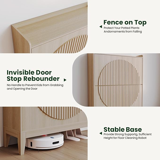 Shoe Cabinet with 2 Flip Drawers, Narrow Wooden Shoe Storage Cabinet for Entryway, Free-Standing Shoe Organizer with Rattan-Style Doors, Space-Saving Shoe Rack for Heels, Boots & Slippers(Wood Color)