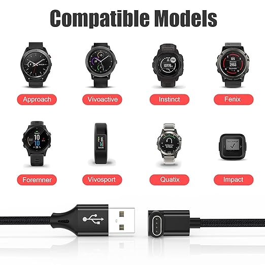 AGVEE 6.6ft Charger for Garmin Watch, L-Shape Charging Cable for Fenix, Forerunner, Vivoactive, Instinct, Venu, Tactix, Approach, D2, Quatix Series, Right Angle Braided, Black