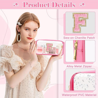 Personalized Initial Letter Clear Makeup Bag,Preppy Small Nylon&PVC Cosmetic Zipper Bag with Chenille Letter,Portable Beach Travel Skincare Toiletry Bag,Trendy Monogram Gift for Teen Girls Women,F