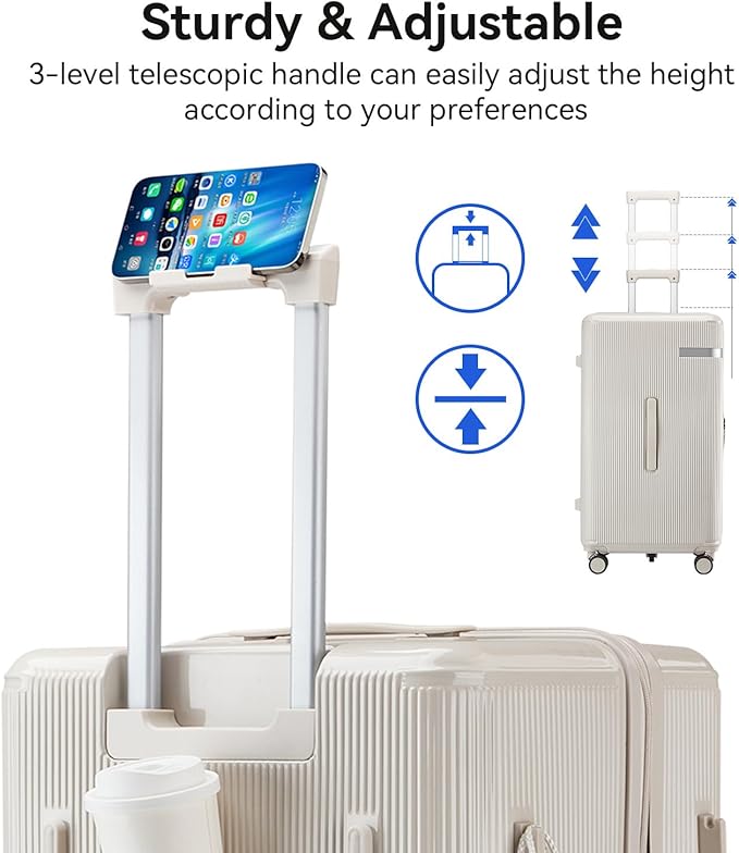 Travel Luggage Sets 3 Piece with Spinner Wheels, PC Hardside Suitcase Set for Family Trips with Cup and Phone Holder, Beige