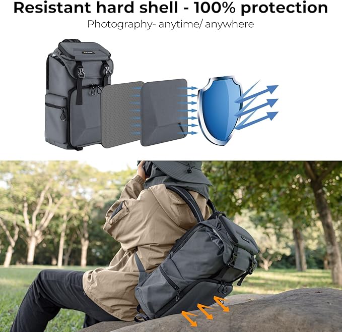 K&F CONCEPT Camera Backpack, Hard Shell Camera Bag, Large Capacity Photography Backpack with 15.6" Laptop Compartment & Tripod Holder & Rain Cover