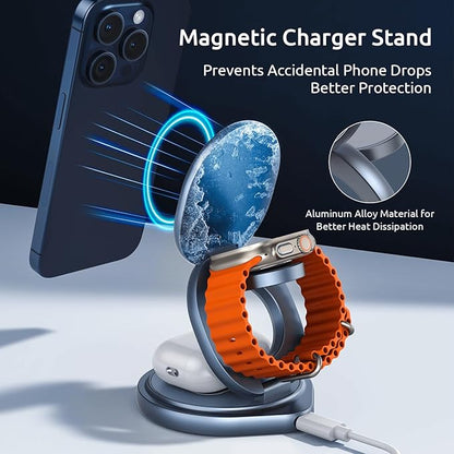 3 in 1 Wireless Charging Station for Apple Travel Charger for Multiple Devices Aluminum Alloy Foldable Magnetic Magsafe Charger 360 Rotating for iPhone 17/16/15/14/13/12 Series,for iWatch,for Airpods