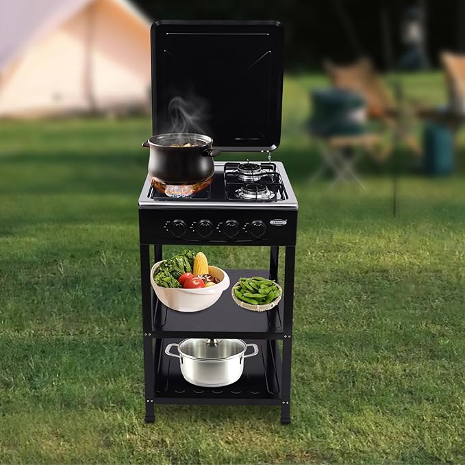 Propane Gas Stove, 4 Burner Propane Burner, Auto Ignition Portable Gas Stove with Support Leg Stand and Wind Blocking Cover Adapter for Rv Apartment Outdoor Cooking (Black)