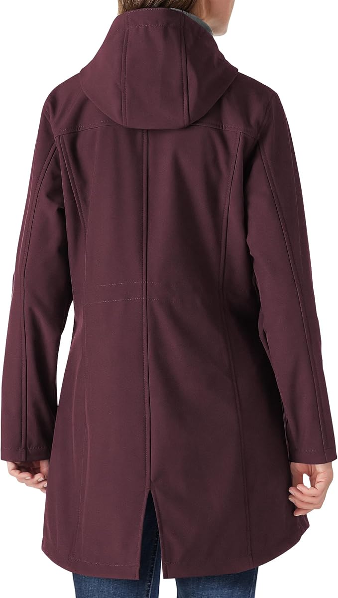 Outdoor Ventures Women's Lightweight Waterproof Fleece Lined Hooded Softshell Rain Jacket, Warm Windbreaker Long Coat