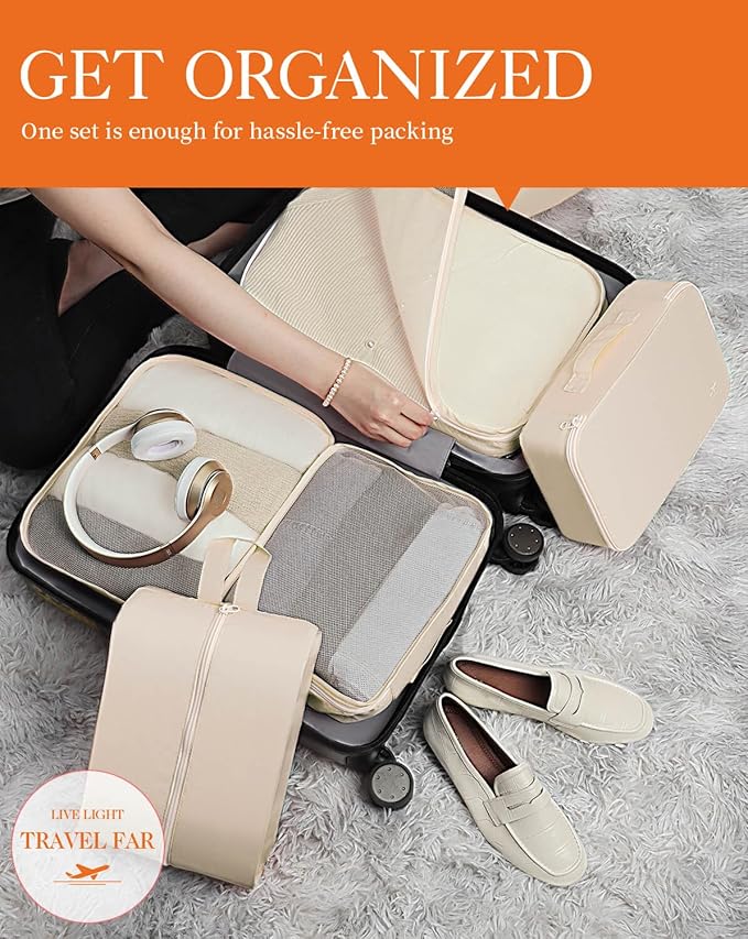 HOTOR Packing Cubes for Suitcases - 6 Pieces, Light Packing Cubes for Travel, Premium Suitcase Organizer Bags Set, Space-Saving Luggage Organizers, Travel Accessories and Essentials, Beige