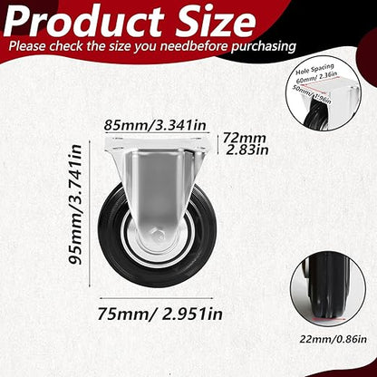 3 Inch Caster Wheels Set of 4, Heavy Duty Casters with Brake, Rubber Locking Casters for Cart, Workbench,Black (3" 4Pack with Brake, 8)
