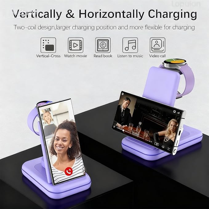 Wireless Charging Station for Samsung/Android, Fast Wireless Watch Charger Station Compatible for Samsung Galaxy S25 Ultra/S24/S23+/Z Flip 7/6 Fold 7/6, Watch8/7/Pro/Active 2 Galaxy Buds3/2 Pro(Purple