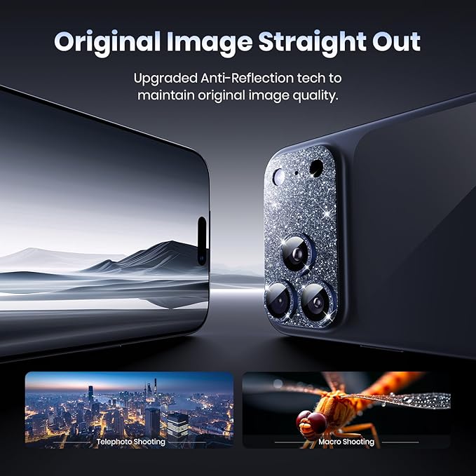 Hoerrye for iPhone 17 Pro Max Camera Lens Protector - [12FT Shatterproof Military Grade] [Strong Adsorption] Metal 9H+ Tempered Glass Camera Screen Full Cover Case Friendly,Glitter Deep Blue