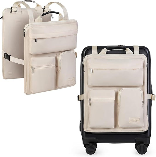 BAREFOOT CARIBOU Over Luggage Organizer for Carry On Bag or Suitcase with Storage Pockets, 16” Laptop Sleeve with Handle, Travel Accessories Bag Slide On Luggage Harness with Adjustable Straps (Ivory)