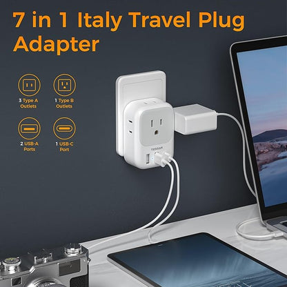 Italy Travel Plug Adapter 2 Pack, TESSAN Italy Power Adaptor with 4 Outlets 3 USB Charger (1 USB C Port), Type L Adapter for US to Chile Libya Syria Tunisia Uruguay