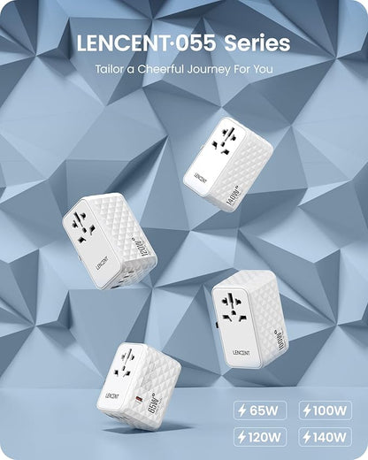 LENCENT 65W Universal Travel Adapter, GaN International Fast Charger 2 USB-A & 2 USB-C Power Plug Converter, Power Outlet Adapter for Phones,Laptops, All in One Travel Essentials for EU/USA/UK/AU