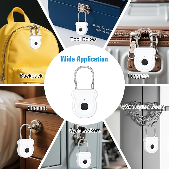Smart Fingerprint Padlock for Luggage - 20 User Capacity, USB Key & Emergency Code, Keyless Biometric Lock for Gym Locker, Suitcase, Backpack, Toolbox & Handbag (White)