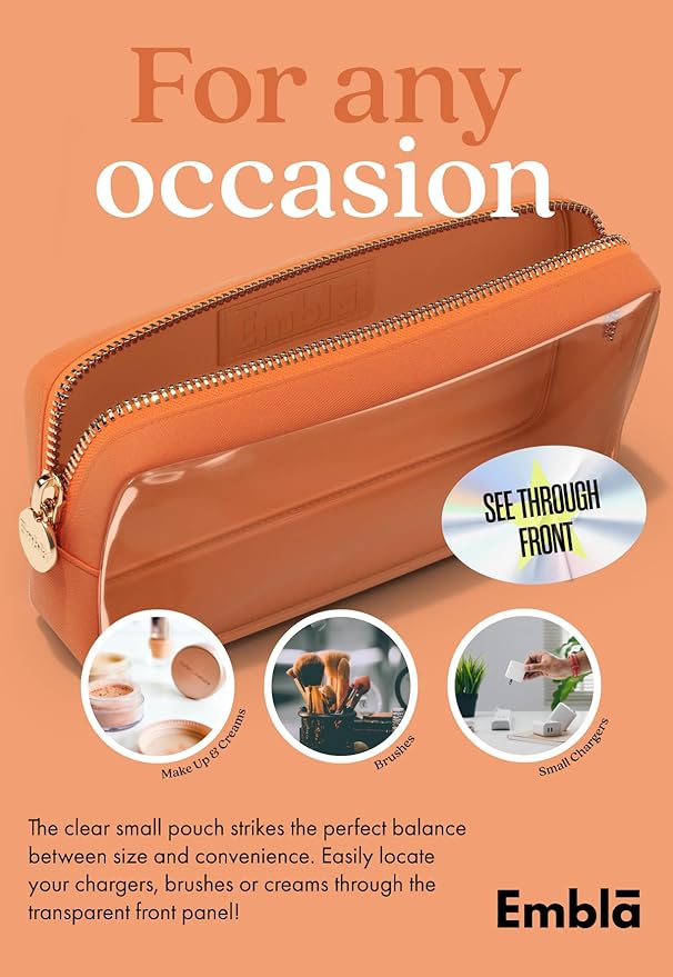 Embla London Makeup Bag Cosmetic Case, Clear Zipper Make Up Pouch and Toiletry Travel Tote, Cute Skincare Pouches for Women Girls, Preppy Purse Cosmetic Organizer, Mini Small Makeup Bags, Peach