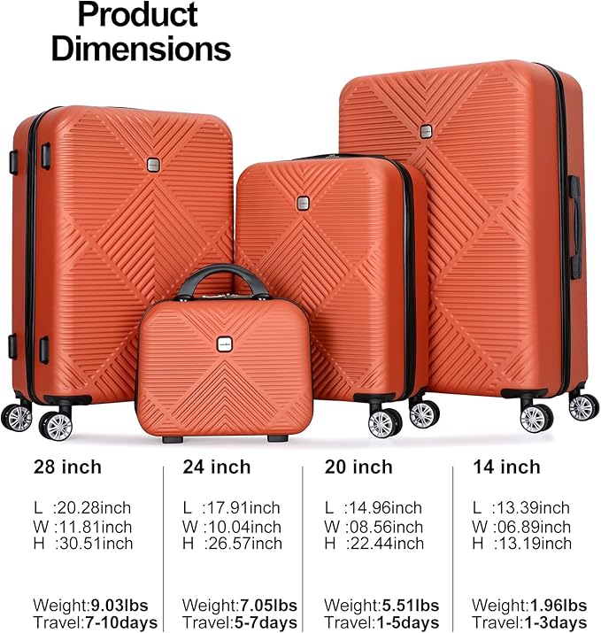 Luggage 4 Piece Set, Hardshell ABS Suitcase Set with Double Spinner Wheels, Lightweight Suitcase, Carry On and Checked Travel Luggage, Dark orange