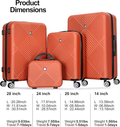 Luggage 4 Piece Set, Hardshell ABS Suitcase Set with Double Spinner Wheels, Lightweight Suitcase, Carry On and Checked Travel Luggage, Dark orange