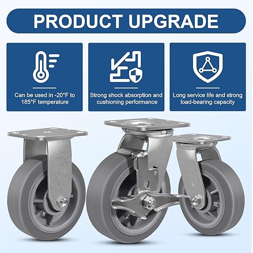 6"x2" Rubber Wheels (Flat Tread)- Heavy Duty Casters, Industrial Caster Wheels- Set of 4 with up to 4000 LB Capacity- Use for Dollies, Workbench(2 Brake &2 Swivel)